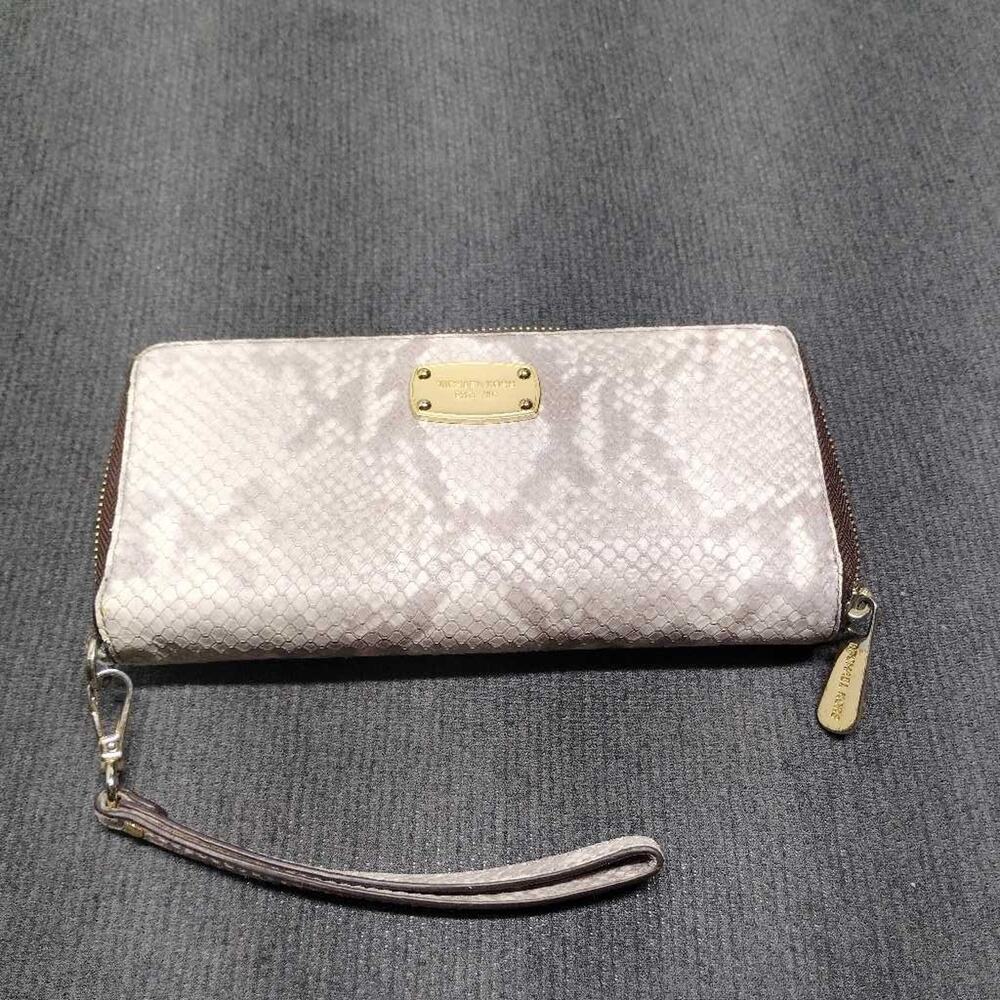 Michael Kors Python Embossed Zip Around Wallet Wristlet Clutch Silver XL